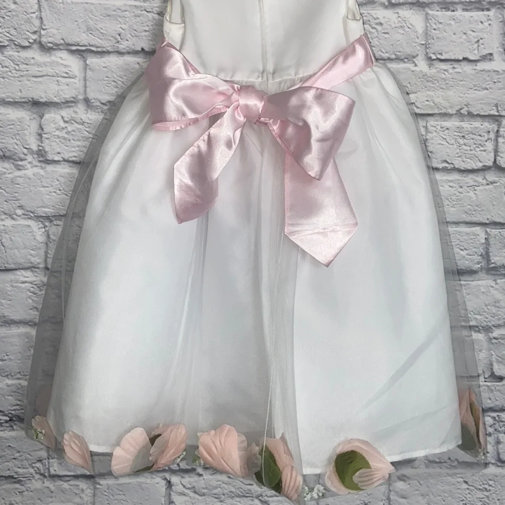 Us Angels 4T White and Pink Petal Tulle Flower Girl Dress
